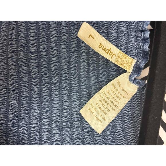 Japna Chambray Denim Dress L Button Front Spaghetti Strap Smocked Back Ruffle - Picture 3 of 3